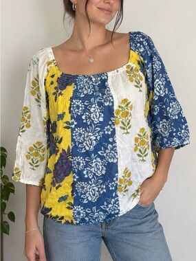 Vintage Y2K Boho Patchwork Floral Square-Neck Top Cotton Daisy Indie Folk 70s